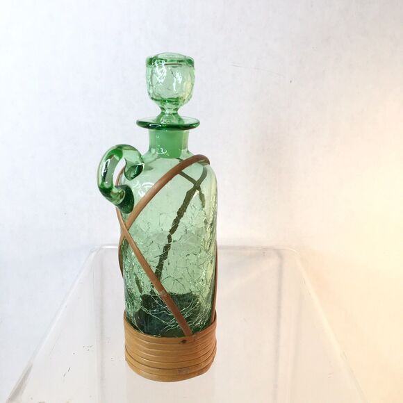 2 Vtg Art Glass Crackle Glass Pitcher Decanters Green And Blue  Mid Century - Picture 3 of 10